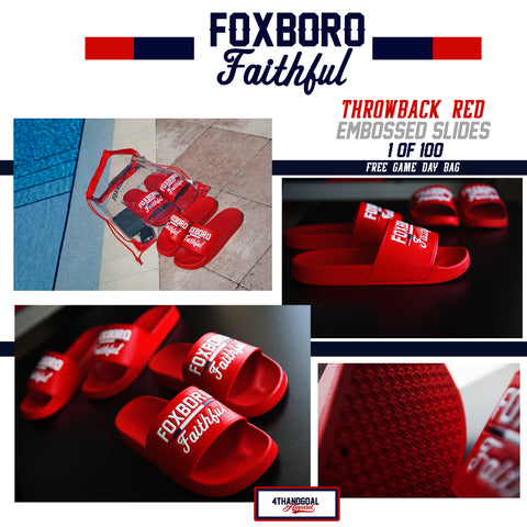 FOXBORO FAITHFUL EMBOSSED SLIDES "THROWBACK RED" MENS *FREE CLEAR GAME DAY BAG* Limited Edition 100 pairs